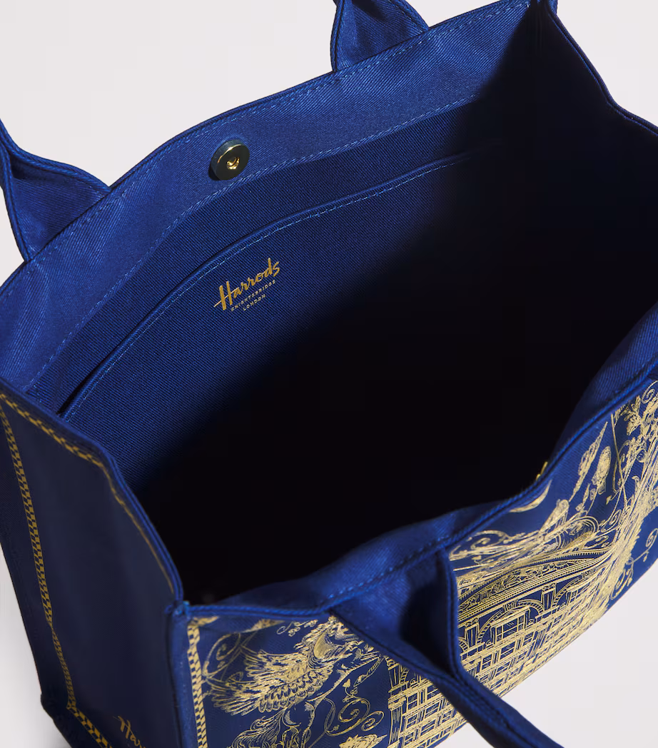 Harrods Navy Small Gold Building Shopper Bag - Image 4
